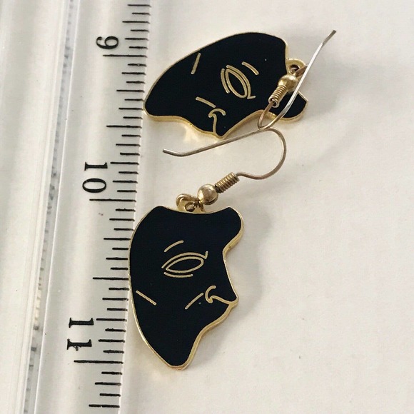 Phantom of The Opera Black Enamel Gold Earrings mask Dangle Hook Stamped - Picture 7 of 8